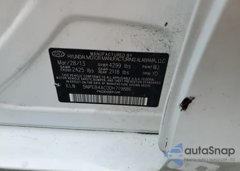 2013 Hyundai Sonata Gls z USA, uszkodzony, nr VIN 5NPEB4AC0DH719886